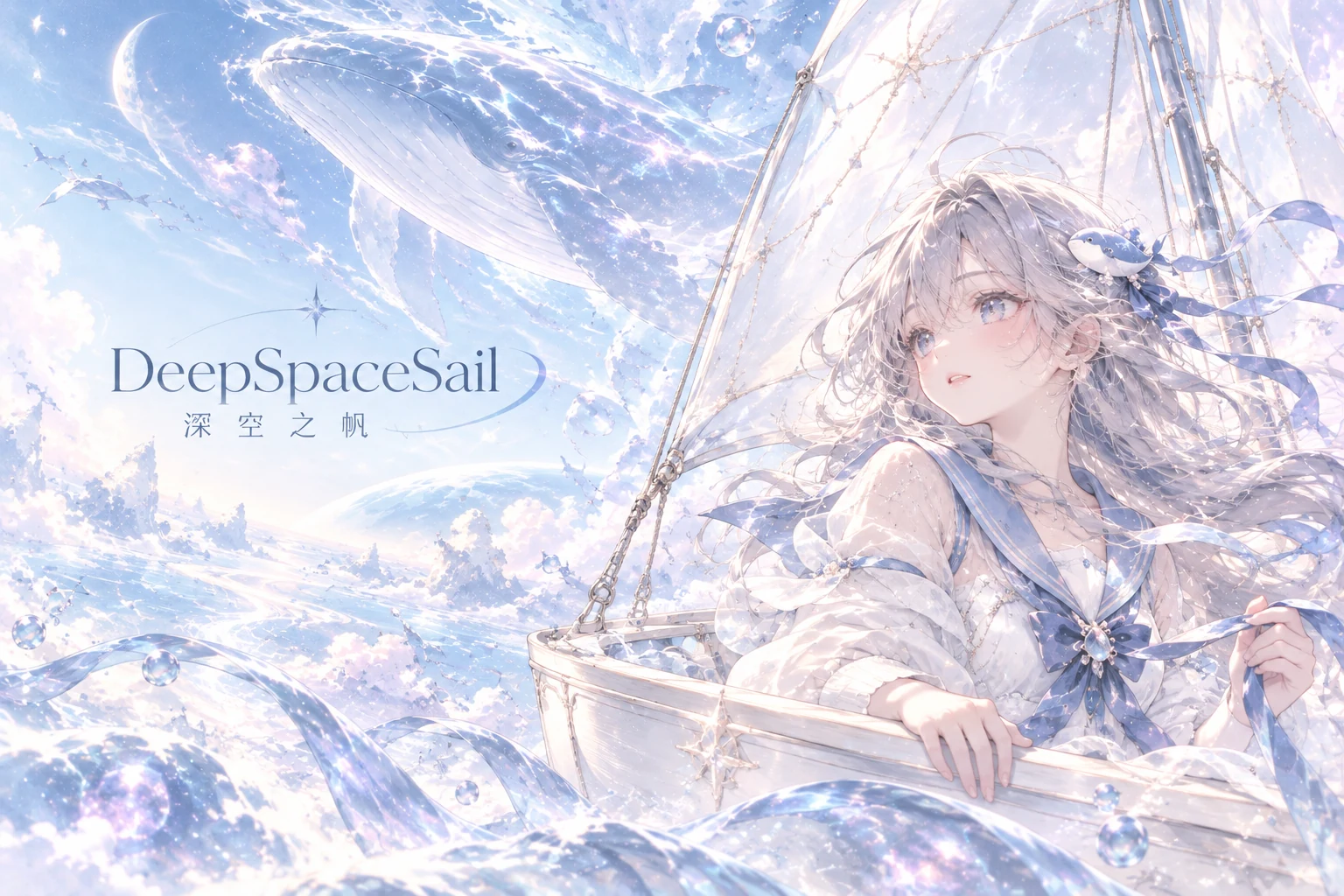 银蓝星海里，少女乘着白色帆船与鲸鱼一同驶向未知海域